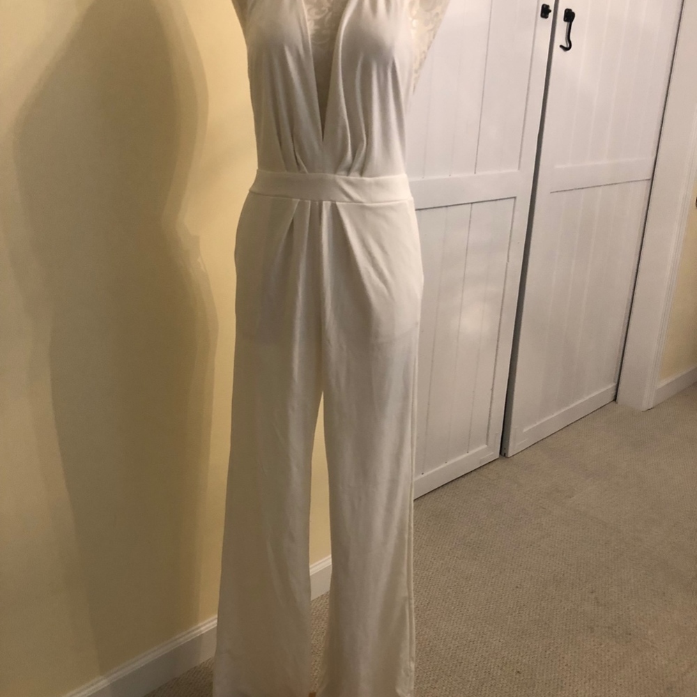 Tall Jumpsuit White with Plunging Neckline Large